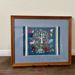 Framed Embroidered Animal Tree Art in Blue Mat 18/22 Inch
